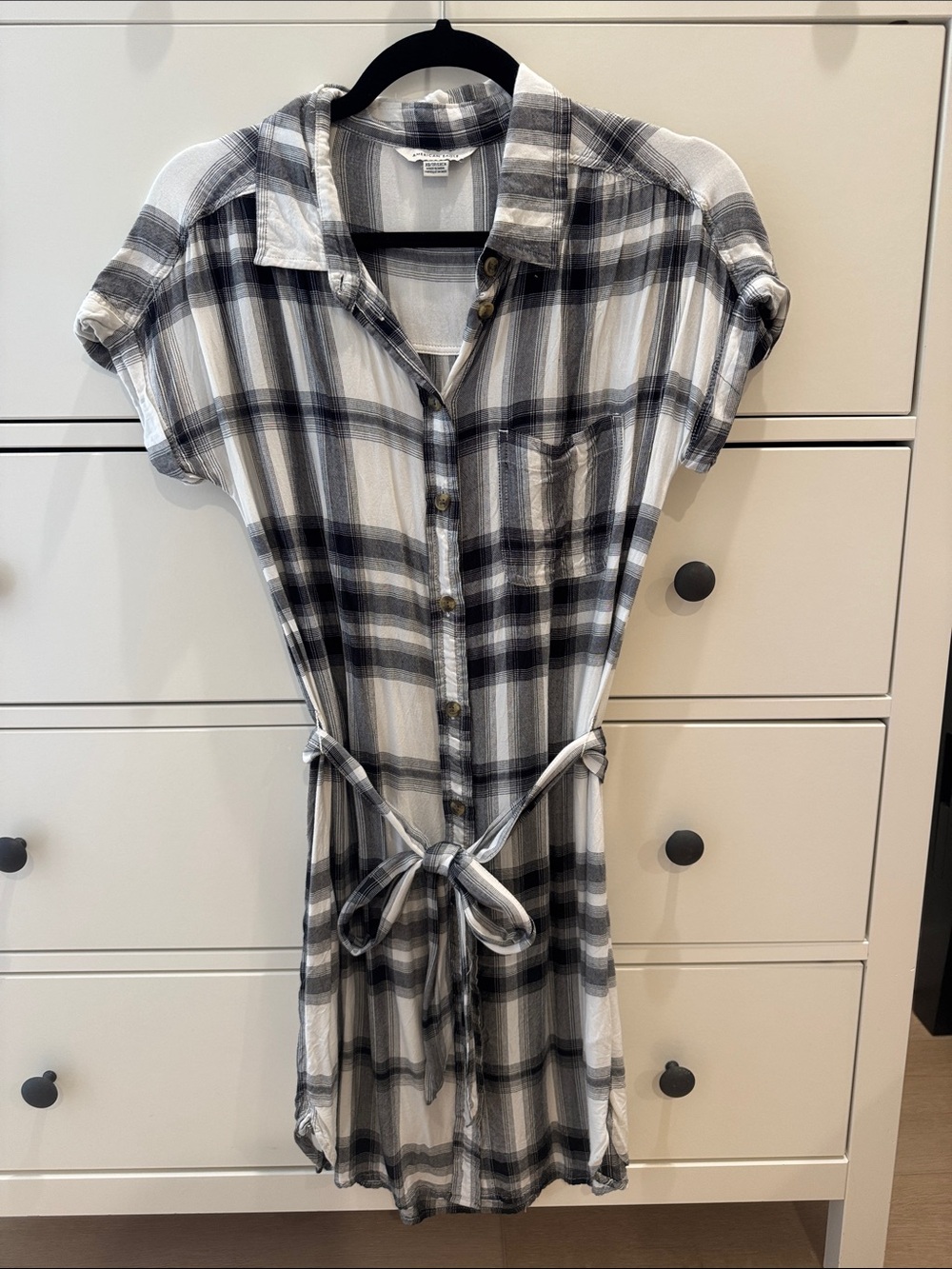 American Eagle Black & White Plaid Shirt Dress with Tie Waist Extra Small XS